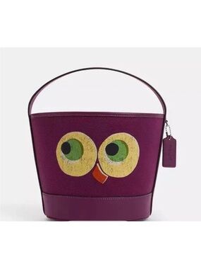 Coach Trick Or Treat Bucket With Halloween Owl In Regenerative Cotton Plum NWT